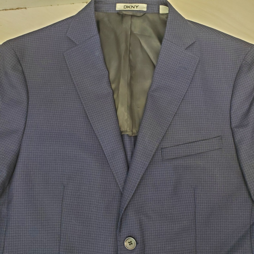 DKNY‎ Mens 42R Blue Micro Check 100% Wool Blazer Smart-Casual Professional